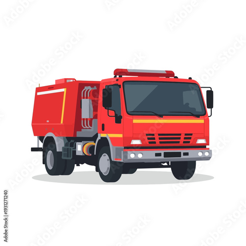 Red fire engine truck with emergency lights on a white background.