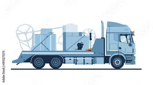 Heavy Duty Truck with Industrial Equipment on Flatbed Trailer.