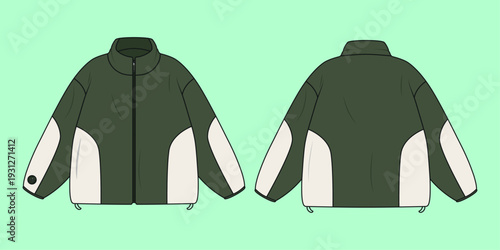 Two-Tone Paneled Fleece Track Jacket Fashion Technical Flat Sketch Template