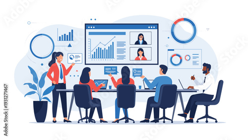 Corporate team having an interactive business meeting with remote colleagues via video conference on a large office screen.