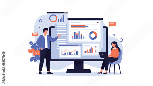 Professional data analysts working together to review business performance and statistics on a large computer screen.