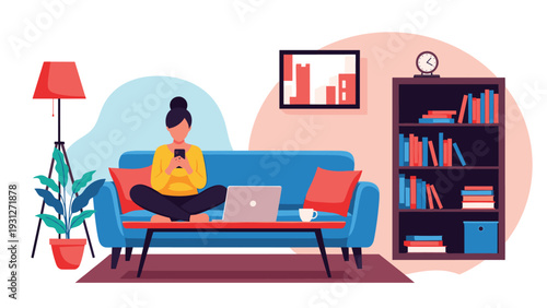 Woman relaxing on a blue sofa while using her smartphone with a laptop on the coffee table and bookshelf in background.