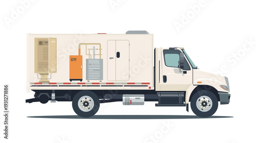 White delivery truck with equipment on the back.