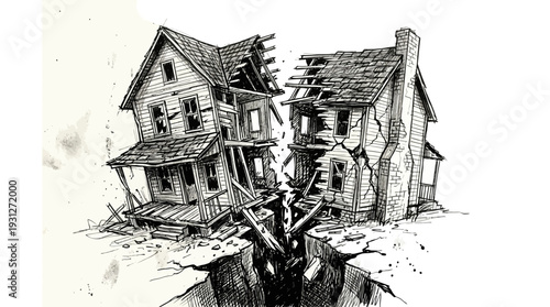 Broken House Split by Earthquake Chasm