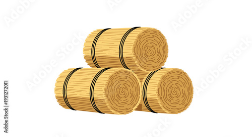 Three round bales of hay or straw stacked in a pyramid, representing agriculture, farming, and the harvest season on a white background.