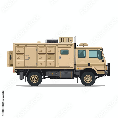Military tan colored truck with large container on the back.