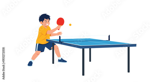 A happy young boy in sportswear playing table tennis, hitting the ball with a red paddle over the net in a dynamic action pose.