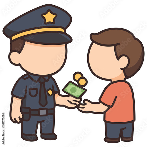 Cartoon policeman accepting money from person flat vector