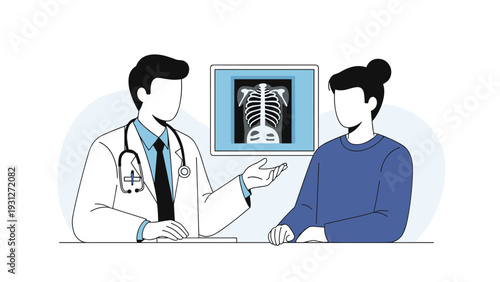 Professional doctor in a white coat showing and explaining a chest X-ray image to a female patient in a clinic.