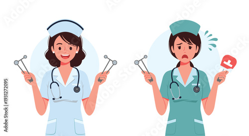 Two illustrations of a female nurse, one smiling and holding a reflex hammer, the other looking worried and holding a broken thermometer.