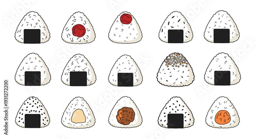 A large set of delicious Japanese onigiri, or rice balls, with various fillings and toppings like umeboshi, salmon, and sesame seeds.