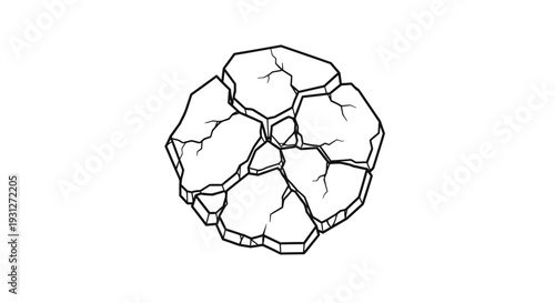 Cracked rock formation, isometric view, line art