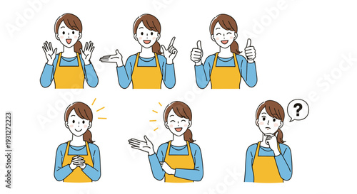 A set of a friendly housewife character in an apron, showing various positive gestures like waving, presenting, thumbs-up, and thinking.