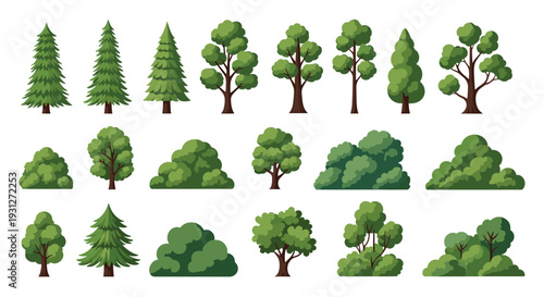 A large collection of various types of green trees and bushes, including pine trees, deciduous trees, and shrubs in a flat design style.
