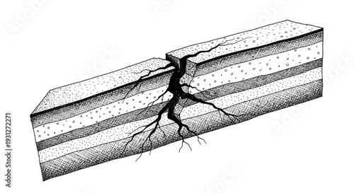 Cross-section of cracked earth layers with fault line