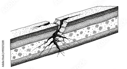 Cross-section of earth showing geological fault line and rock layers