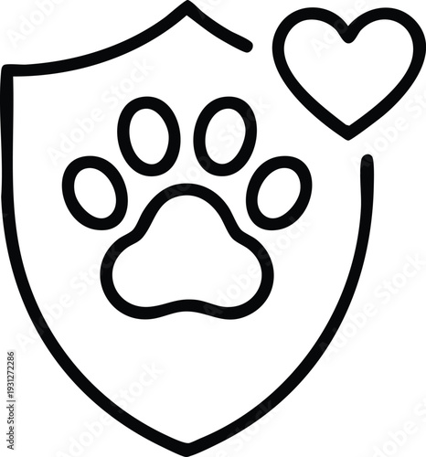 Pet Protection and Welfare Symbol, Shield with Paw Print and Heart Icon, Compassionate Animal Care Graphic, Minimalist Pet Insurance and Safety Logo, vector, illustration, silhouette.