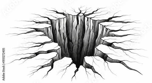 Deep crack in dry ground, perspective view, abstract concept of danger or abyss