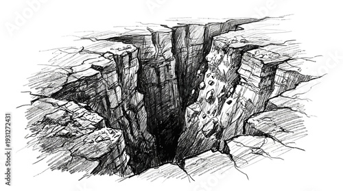 Deep chasm in cracked earth, hand-drawn sketch
