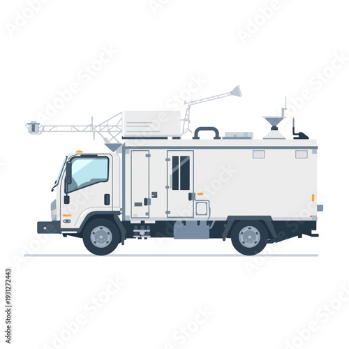 White utility truck with equipment on the roof for work purposes.