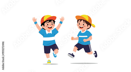 Two happy and energetic young boys in matching outfits and caps, one jumping with excitement and the other running playfully.