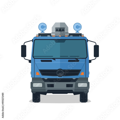 Front view of a blue truck with spotlights on a white background.