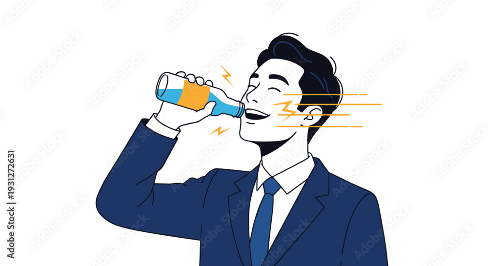 Obraz premium A young businessman in a suit happily drinking a bottled energy drink, with graphic effects showing a boost of refreshment and power.