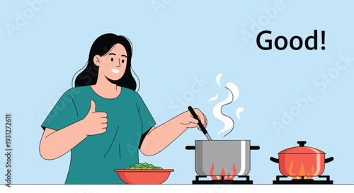 A happy woman cooking in the kitchen, stirring a pot on the stove and giving a thumbs-up gesture, with the word 'Good!' nearby.