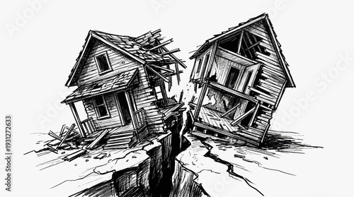 Destroyed houses split by earthquake crack