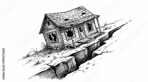 Dilapidated house on cracked earth, earthquake damage illustration