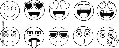 Black and white emoji-style illustration of expressive faces with smiles, hearts, laughter, sadness, disgust, surprise, and kisses, symbolizing emotions and digital communication themes