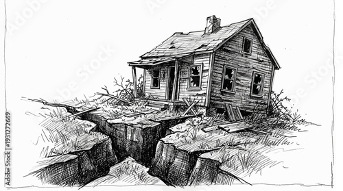Dilapidated house on cliff edge with deep crack in ground, pencil sketch