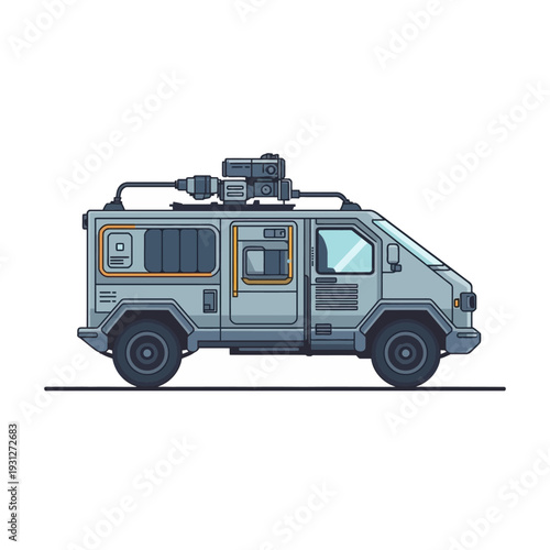 Gray Camper Van with Roof Rack and Equipment.