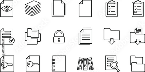 Black and white line art icons of documents, files, folders, and data management including checklist, printer, security, notebook, binders, and magnifying glass