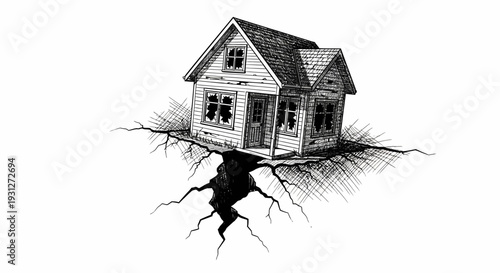Dilapidated house on cracked earth, symbolizing crisis and destruction.
