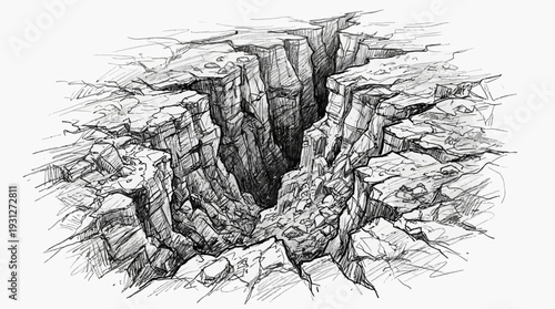 Dramatic deep crack in cracked earth surface, hand-drawn sketch