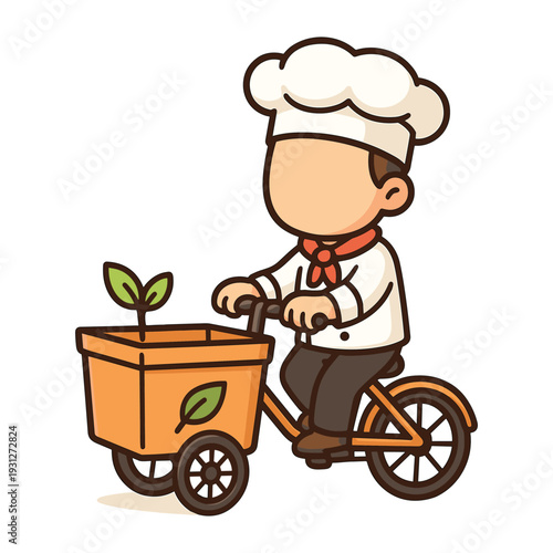 Chef riding tricycle with plant in basket flat vector