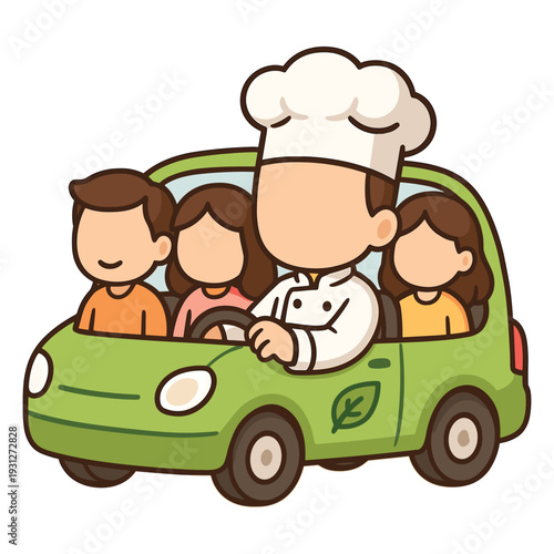 Chef driving car with three passengers cartoon