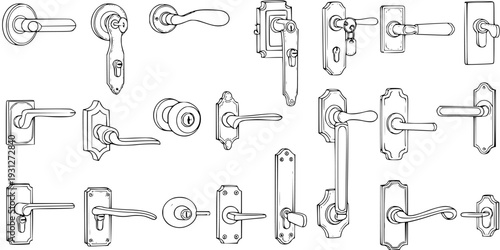 Door Hardware Collection: Detailed Black and White Line Art Illustration of Various Door Handles and Latches