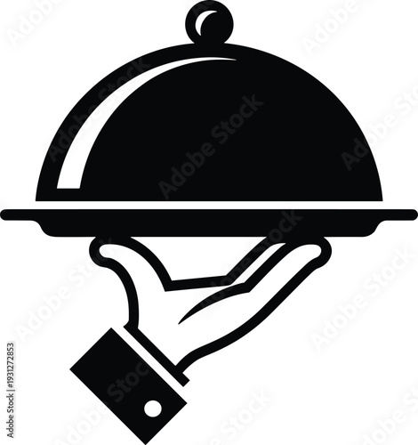 Black and white line art illustration of a gloved hand holding a serving tray with cloche, symbolizing food service, catering, and hospitality themes