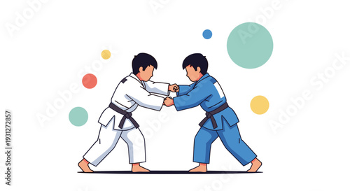 Two young boys in white and blue judo uniforms engaged in a martial arts match or practice session against a colorful background.