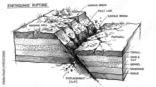 Earthquake fault rupture diagram showing geological layers and surface breaks