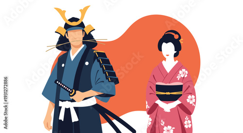 A stylized portrait of a traditional Japanese samurai warrior with a katana and a woman in a beautiful pink kimono with an obi.
