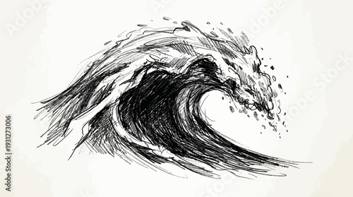 Hand-drawn sketch of a powerful ocean wave crashing