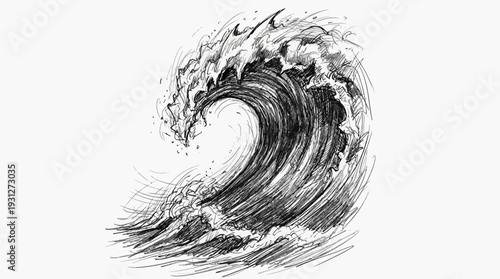 Ink drawing of a large, powerful ocean wave crashing.