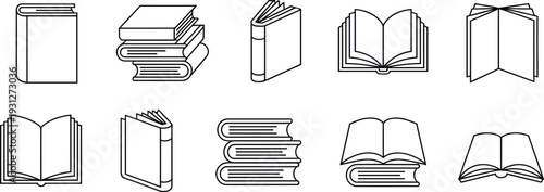 Black and white line art illustration of books in various positions including open, closed, and stacked, symbolizing reading, literature, and education themes
