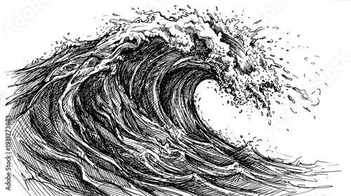 Ink sketch of a powerful ocean wave crashing