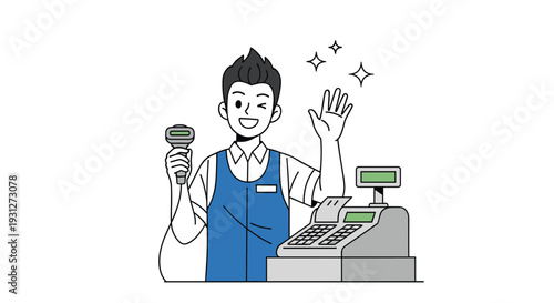 A friendly and energetic male convenience store clerk waving and holding a barcode scanner, standing by a cash register in line art style.
