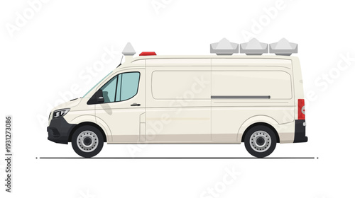 White van with emergency lights on the roof.