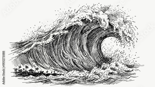 Monstrous ocean wave crashing near tropical island, hand-drawn sketch